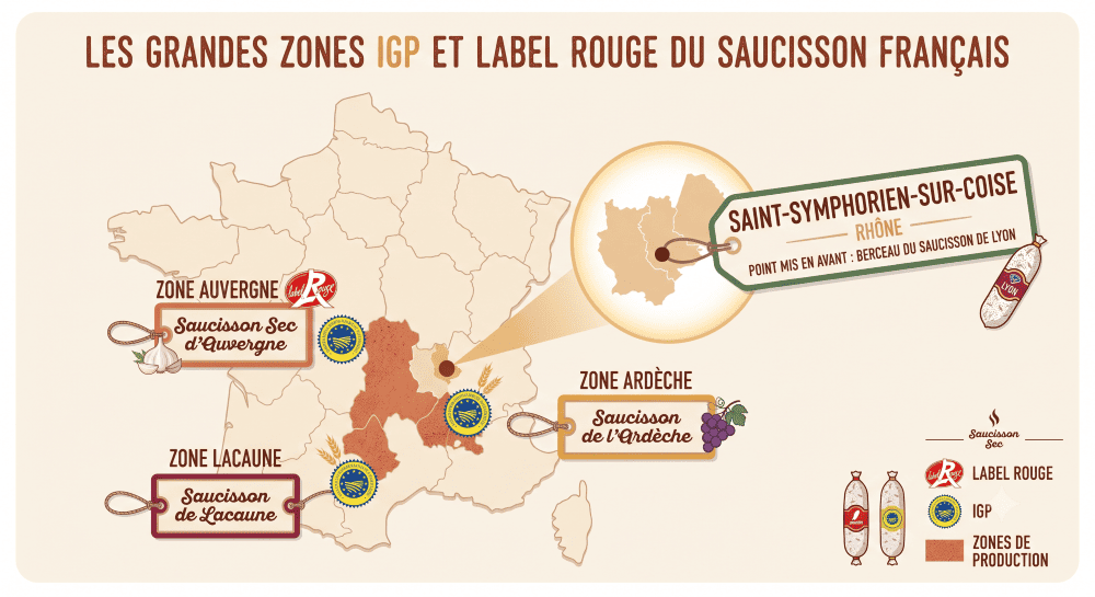 carte de France des saucissons régionaux sous label pour situer les terroirs.