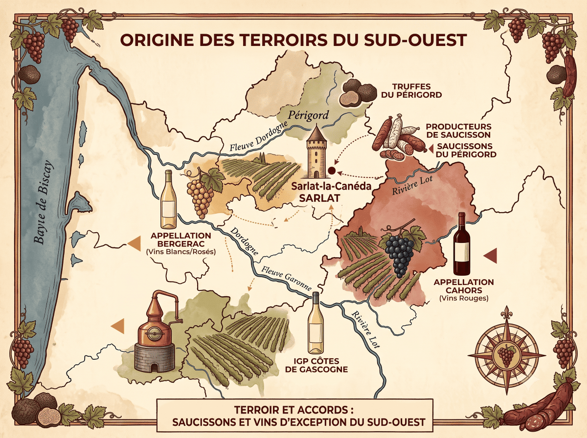 : carte stylisée du Sud-Ouest situant Sarlat et les appellations citées.
