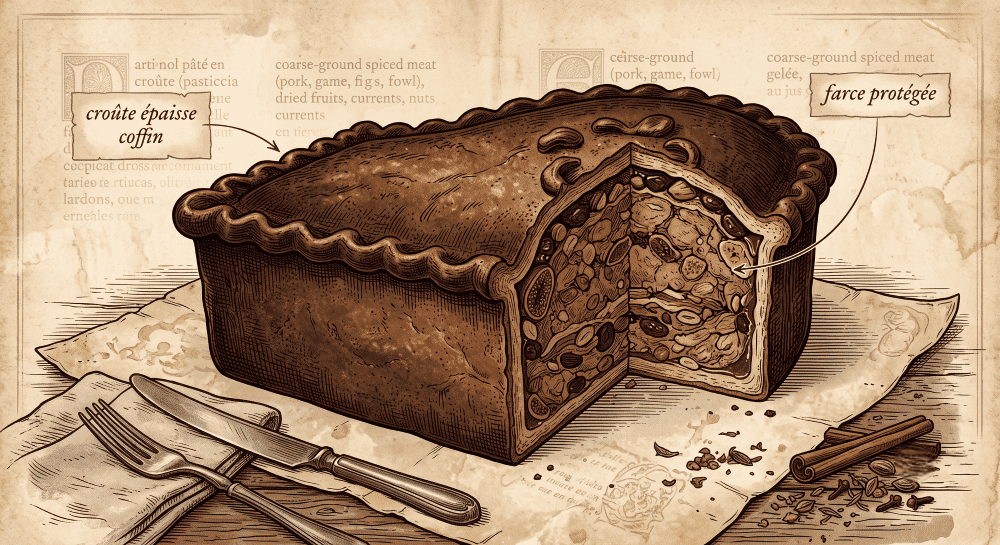 : illustration éditoriale en coupe d'un pâté médiéval.