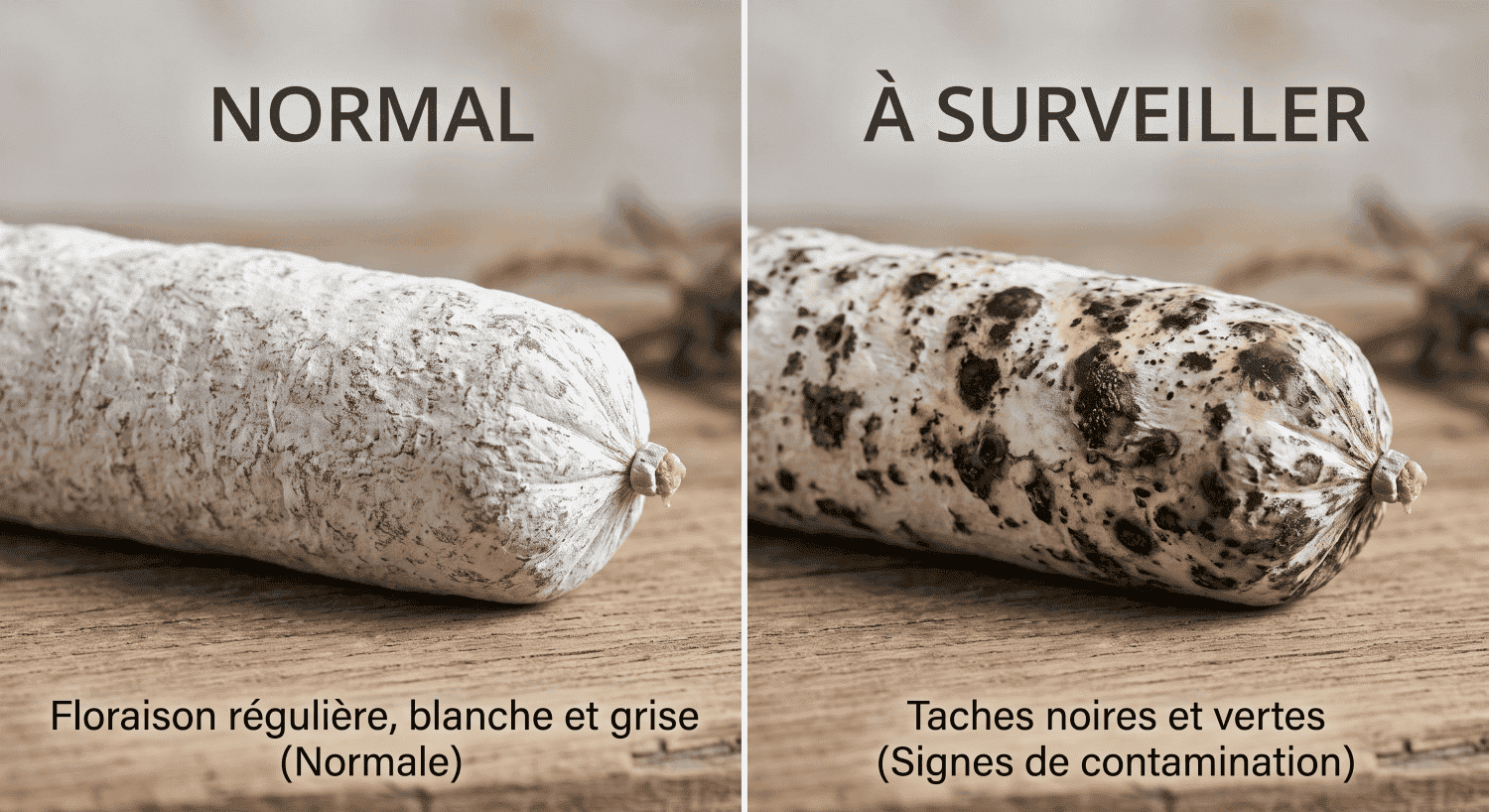 comparatif visuel d'une fleur de saucisson normale et d'une fleur à surveiller.