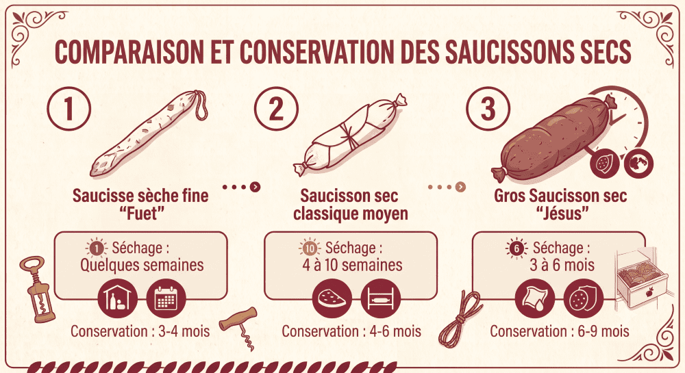 trois calibres de saucisson côte à côte.