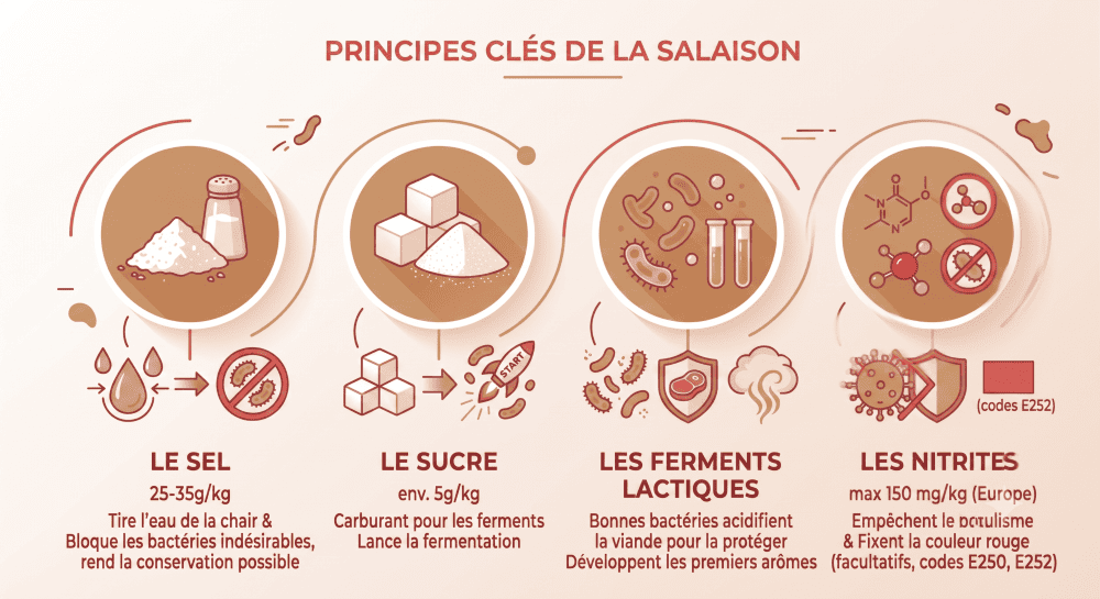 infographie du principe de salaison du saucisson.