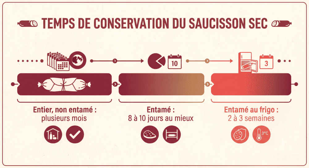 récapitulatif visuel des durées de conservation du saucisson.