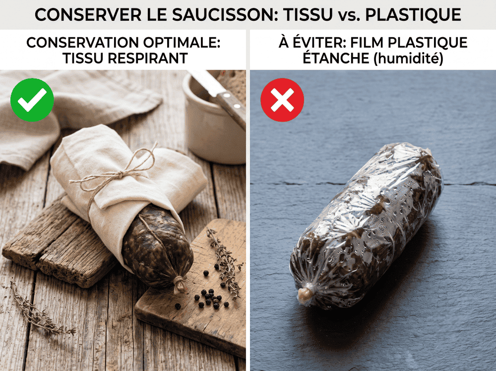 : comparaison saucisson tissu et film plastique.