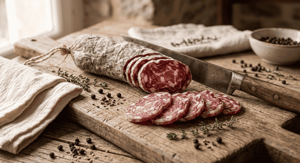 saucisson découpé en tranches sur une planche.