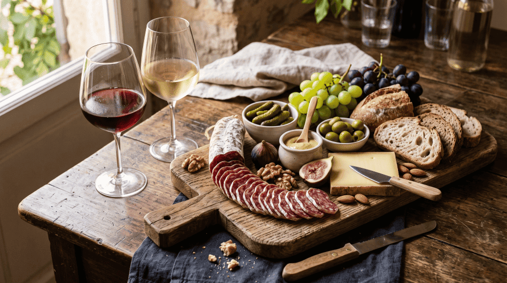 planche de charcuterie avec un saucisson sec tranché en éventail, accompagnée de deux verres de vin.