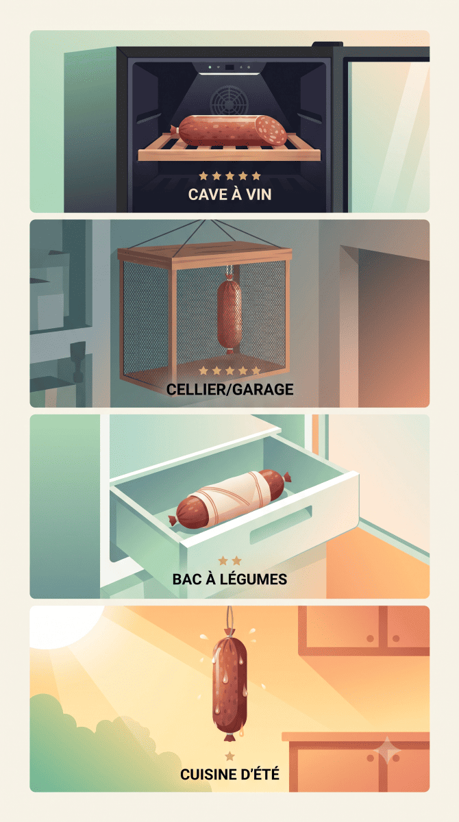 les différents lieux de conservation du saucisson.