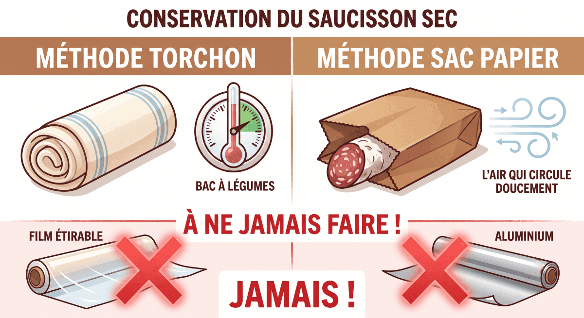 Infographie expliquant comment conserver un saucisson au frigo : méthode du torchon en coton ou du sac en papier kraft dans le bac à légumes, et interdiction du film plastique et de l'aluminium.