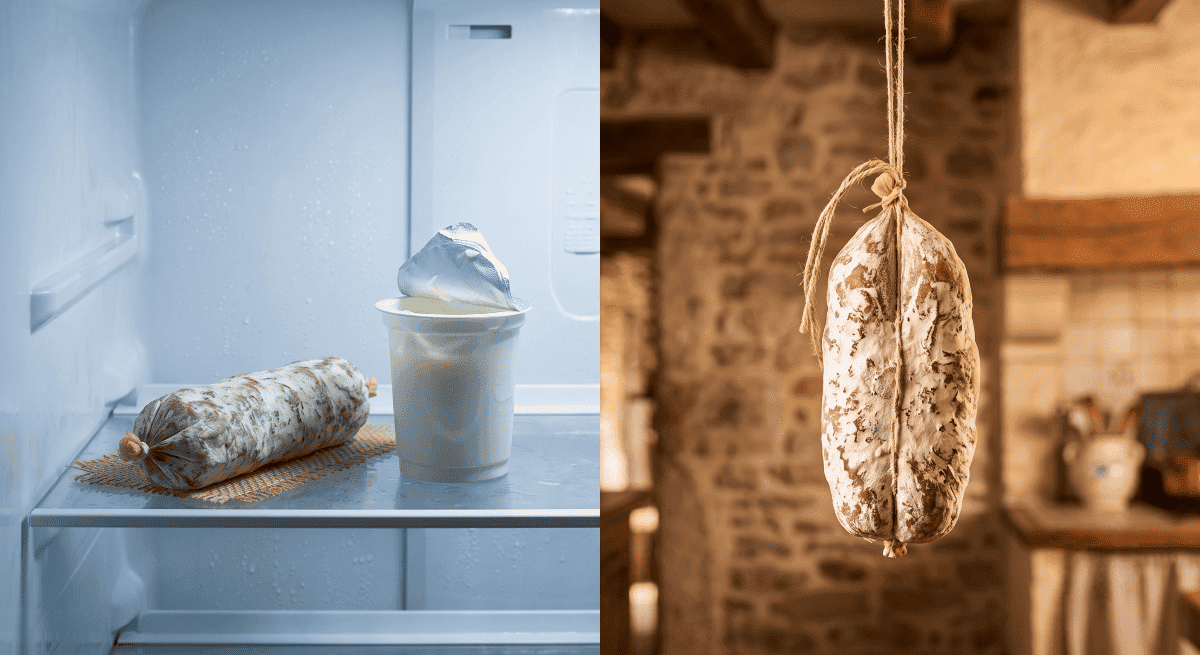 Comparaison de la conservation du saucisson : à gauche un saucisson au réfrigérateur sous une lumière froide, à droite un saucisson suspendu dans une cave traditionnelle sous une lumière chaude.