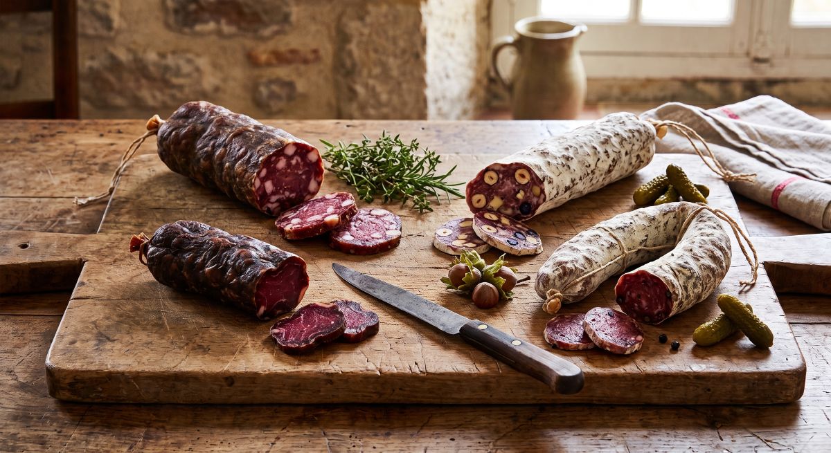 planche avec 4 saucissons de 4 régions différentes