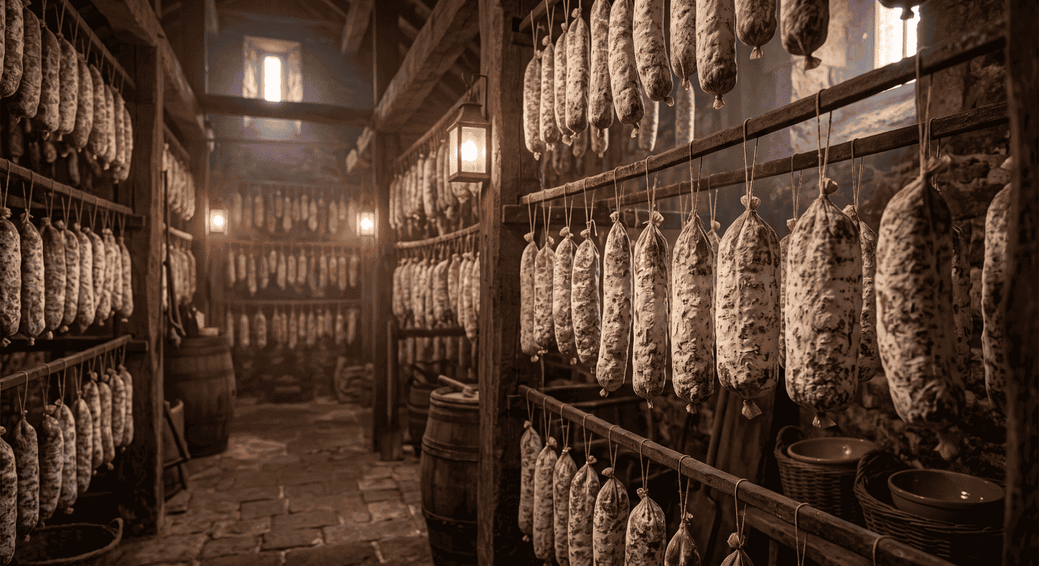 photo d'ambiance de saucissons en cave d'affinage.