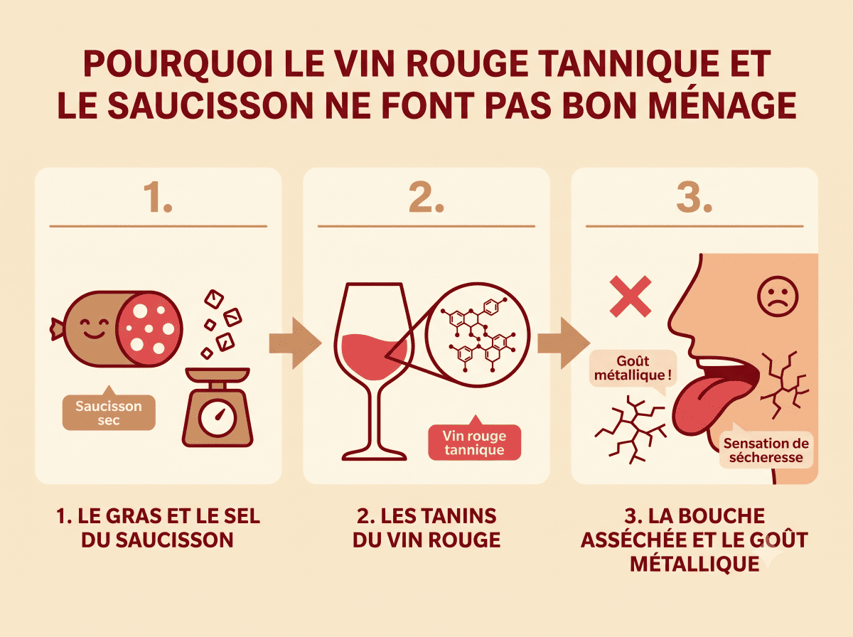 : schéma pédagogique en trois étapes montrant pourquoi un rouge tannique passe mal sur le saucisson.